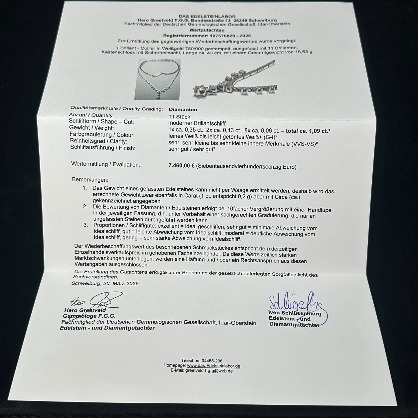 Brillanten Collier 750er Weißgold 18Karat 1,09ct Brillanten mit Wertgutachten über 7460€