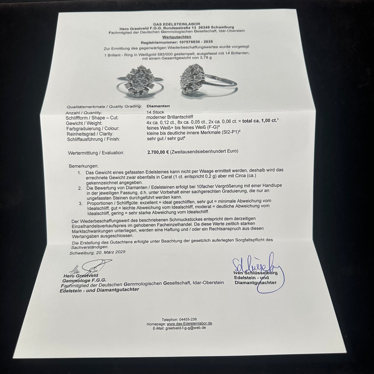 Brillantring 585er Weißgold 14Karat Goldring 1ct Brillanten mit Wertgutachten über 2700€