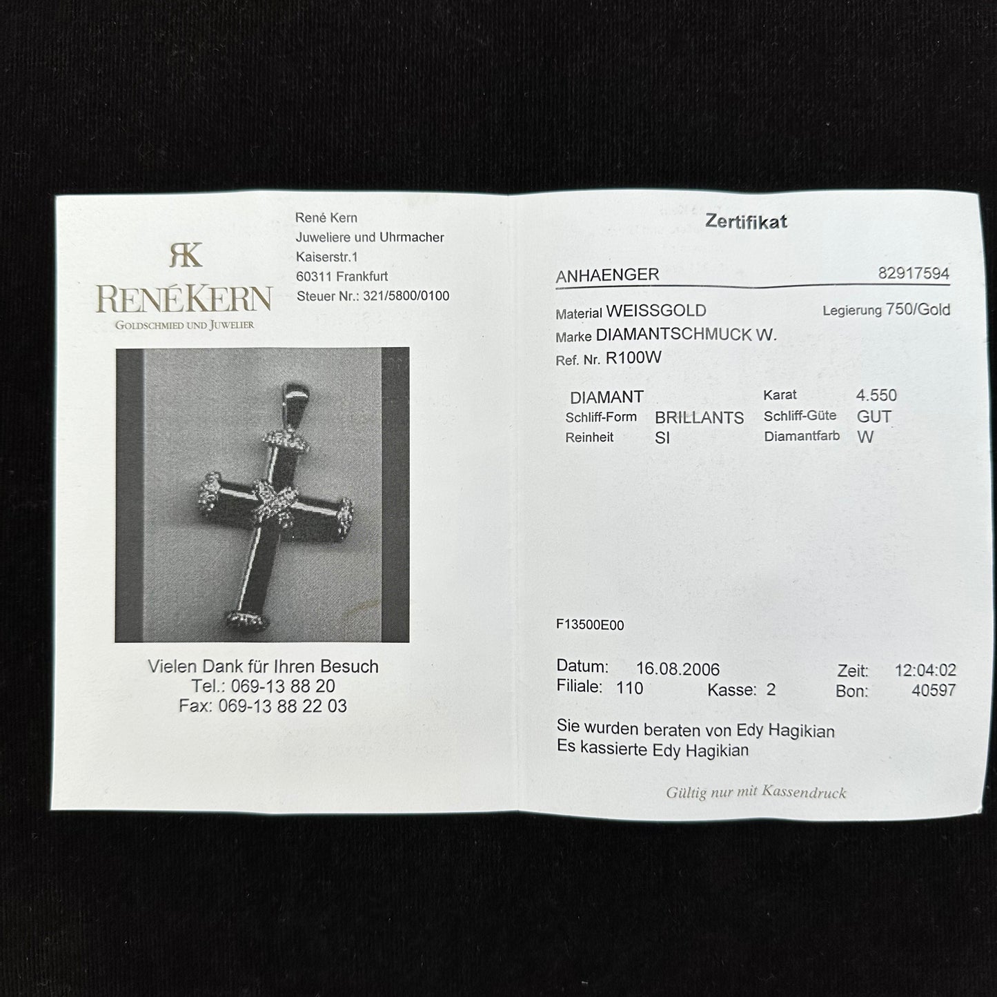 Brillanten Kreuz Weißgold Anhänger 750er Weißgold 18Karat 4,55ct Brillanten 5mm Öse